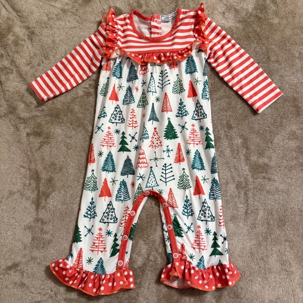 Little Millie Baby Girls Christmas Tree Ruffle Romper Red White Green 6M